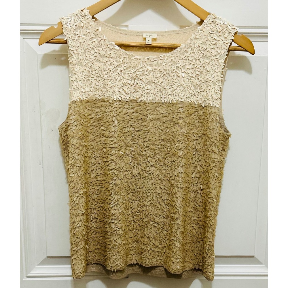 J.Crew Womens Sequin Embellished Colorblock Tank Top Cream Tan Small 100% Cotton